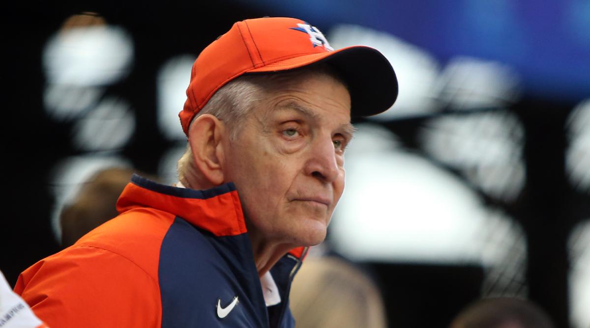 Oct 31, 2021; Atlanta, Georgia, USA; Houston Astros fan Jim \”Mattress Mack\” McIngvale watches batting practice prior to game five of the 2021 World Series against the Atlanta Braves at Truist Park.